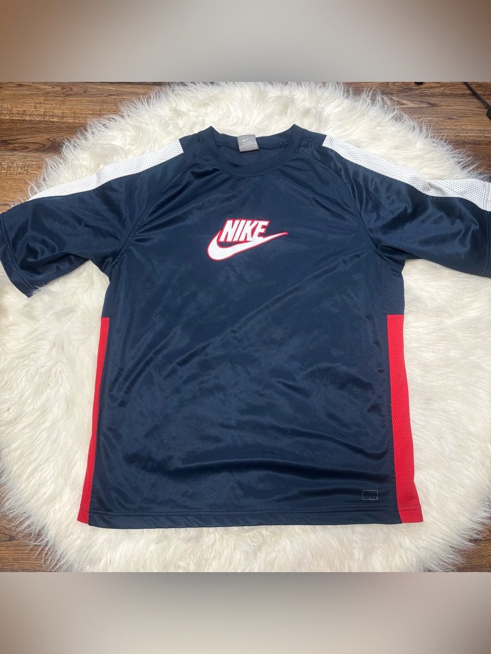 Vintage Nike Blue, White, & Red Graphic Mesh Athletic Jersey size Youth XL 18-20